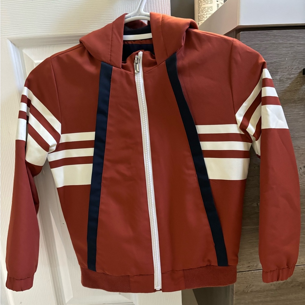 Jacadi Boys Rust Red Hooded Jacket with White & Navy Stripes